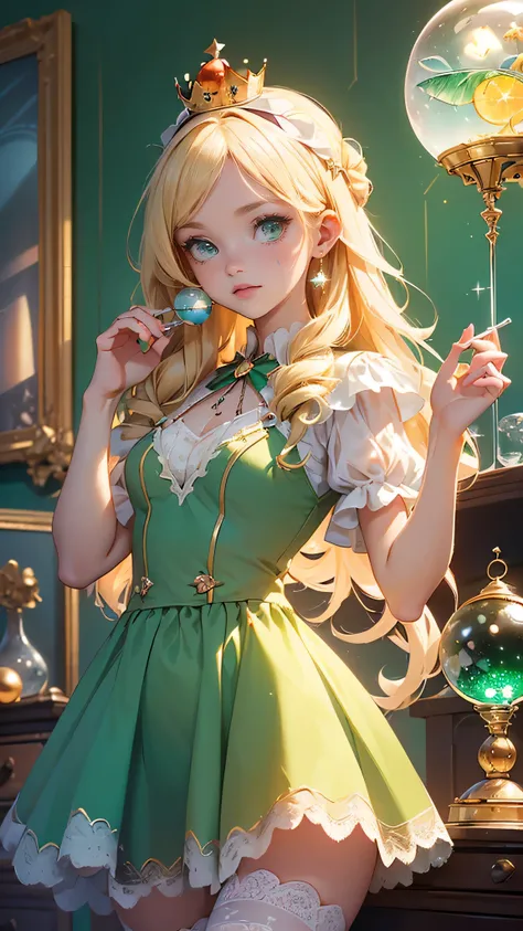 (masterpiece), (highest quality), (Very detailed),(Disheveled Hair),(shape), (One Girl), (Fashionable clothes),((Blonde Long Hair)), ((Red small horned headband)), ((Emerald green, Pastel colored short sleeve one piece dress, White lace at the hem)), She i...