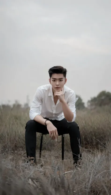 Korean young man, handsome, cute, neat pompadour hair,