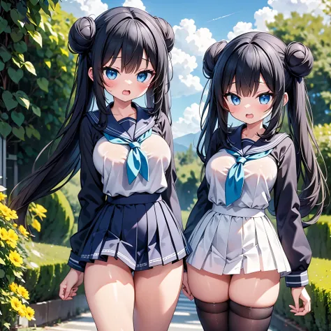 highest quality,wonderful,finely,extremely detailed CG Unity 8K wallpaper, (2 Girls,Black Hair, Blue Eyes,double bun), (medium breast:1.2), (sailor uniform:1.1), (open mouth:1.2), (long tongue:1.2), (mouth drool:1.2), (black stockings:1.1),(Thighs),(Waistl...