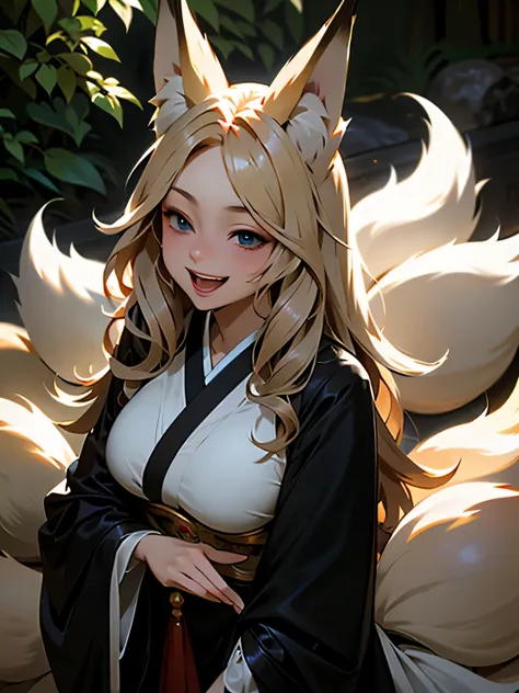 masterpiece, best quality, 1 woman, solo, large breasts,blonde hair,long hair, wave hair,fox ear,fox tail,blue eyes,shinto shrin...