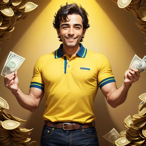 smiling 45yo italain entrepreneaur with a bright yellow polo holding money with his hands
