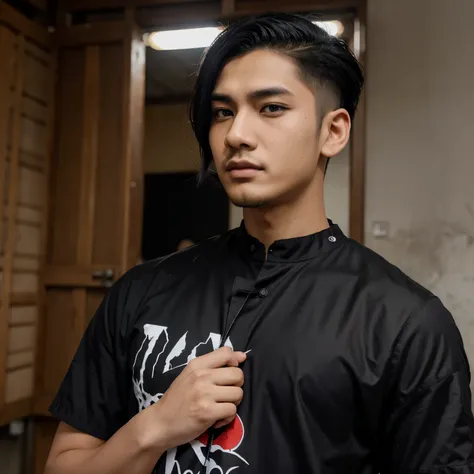 anime,1 cowok,rambut hitam,gaya rambut undercut,mata hitam,pake kaos yg bertuliskan "satria", background di gang yg gelap dan sepi