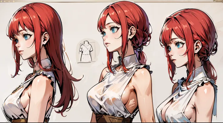 (Masterpiece, highest quality)), one character, adult woman (1), medium breasts, detailed face, character sheet, concept-art, Full body, full of details, multiple poses and expressions, highly detailed, depth, many parts, , super long red hair, beautiful b...