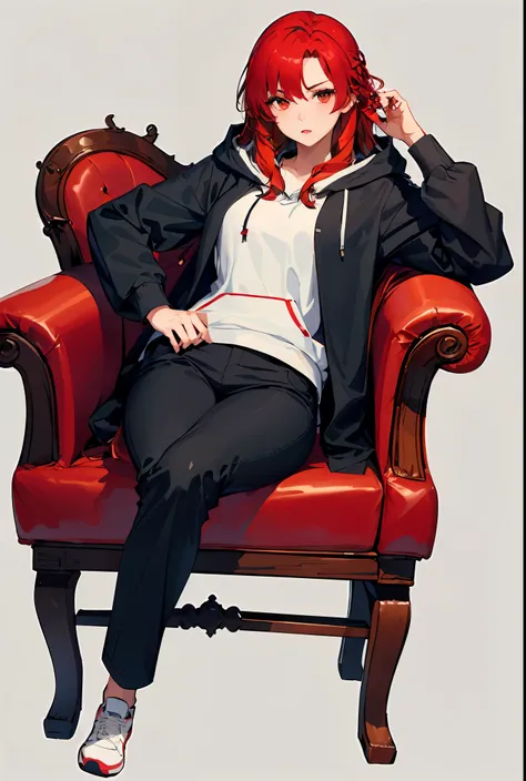 1girl, lisara restall, ((red hair:1.5)),
BREAK (long sleeves, jacket, pants, hood, official alternate costume, hoodie, black pants, hood down, casual, hooded jacket, white hoodie:1.2)
BREAK facing viewer, open_legs, chair, peace_sign,
BREAK ((anime girl)),...