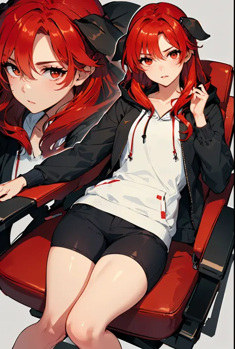 1girl, lisara restall, ((red hair:1.5)),
BREAK (long sleeves, jacket, pants, hood, official alternate costume, hoodie, black pants, hood down, casual, hooded jacket, white hoodie:1.2)
BREAK facing viewer, open_legs, chair, peace_sign,
BREAK ((anime girl)),...