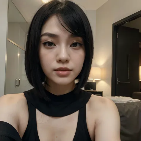 Pretty girl, pale skin, Asian appearance, plump lips, , with black bob, in a black top 