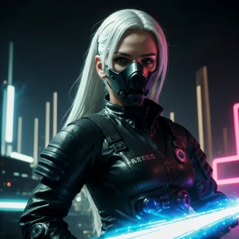 ((Realistisch, best quality, Meisterwerk: 1.3)),  cyberpunk woman with cyberpunk mask, cyber suit, close up face, white hair, gasmask, dark atmosphere, cyberpunk city background, movie poster, cd cover, cinematic view, inferno, fire, sparks, smoke, upper b...