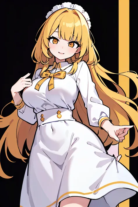 best quality, super fine, 16k, incredibly absurdres, extremely detailed, delicate, flashy and dynamic depiction, cute white woman, shy, smile, orange curly messy hair, wearing white long-sleeved and long skirt work clothes, portrait, gold eyes, background ...