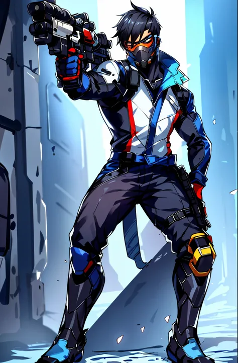 best quality, solo, male focus, overwatch, a man with a helmet and glasses, black hair, spiky hair, blue and white jumpsuit, blu...