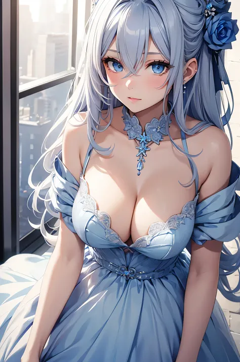 beautiful girl, Gray Hair, blue eyes, sexy blue wedding dress, Big Breasts、blue hair ornament