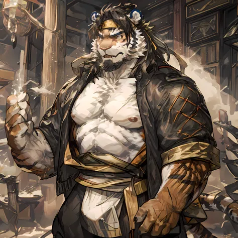 Masterpiece,Best quality,1boys,(Huai_Tianpei),Solo,Muscular male,hi，Its nothing,8K HD,Extreme detail,Detailed background,Masterpiece,Muscular,muscular anthro,aged up,view the viewer,hair-bun,Beard,Sideburns,Open clothes,Chinese clothes,Claws,Thick eyebrows...