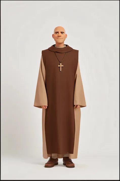 Priest, Friar Gilson, bald, brown eyes, crucifix around his neck. wearing brown clothes, holding a guitar, He has brown open toe sandals on his feet, full body drawing