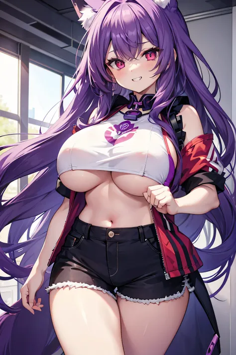 Fox Girl, Large Breasts, Voluminous purple hair, masterpiece , Red eyes, hd, Thick thighs, Head to Chest, buried in my chest、Underboob、Double teeth、tooth、Sleeveless shirt、Shorts、Chubby、Grinning