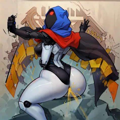 Robot girl, hips, wearing a hood with a cape, perched on a rock, shoreline, beautiful thighs, curvaceous butt, captivating legs, cool robotic mask, super tall, one person, ass support, holding staff, warm color tone, vibrant lighting, ((fart,farts,farting)...