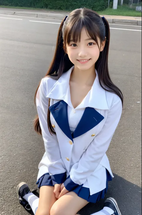 masterpiece、超High resolution、She is so cute and young like an idol.々A 15-year-old Japanese girl with beautiful features、Gentle and cute、A kind smile　Shes a cheerleader、Uniforms with a cleavage-revealing design、Medium bust　Sitting upright on the road　whole ...