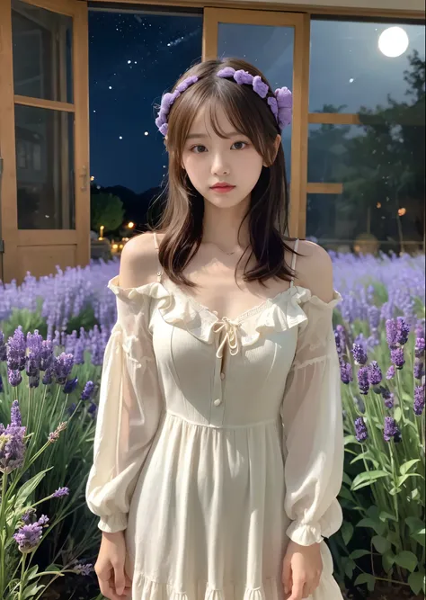 Cute 1 Girl、A girl is standing in a lavender field on a small hill, She is wearing a dress with a small bust、She is wearing a hair accessory made from lavender、Light is visible from the farmhouse window、The Andromeda Galaxy swirls in the night sky、Perfect ...