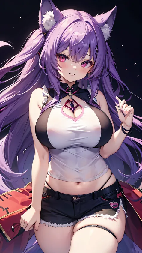 Fox Girl, Large Breasts, Voluminous purple hair, masterpiece , Red eyes, hd, Thick thighs, Head to Chest, buried in my chest、Underboob、Double teeth、tooth、Sleeveless shirt、Shorts、Chubby、Grinning