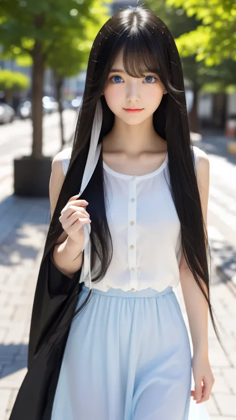 Shining, clear, white skin、Her windblown black hair hides her beautiful face.、huge、28 years old cute sexy little beautiful face、Beautiful straight hair that stands out、growing up, Sparkling light blue eyes、long silky bangs that cover cute eyes, Sexy and cu...