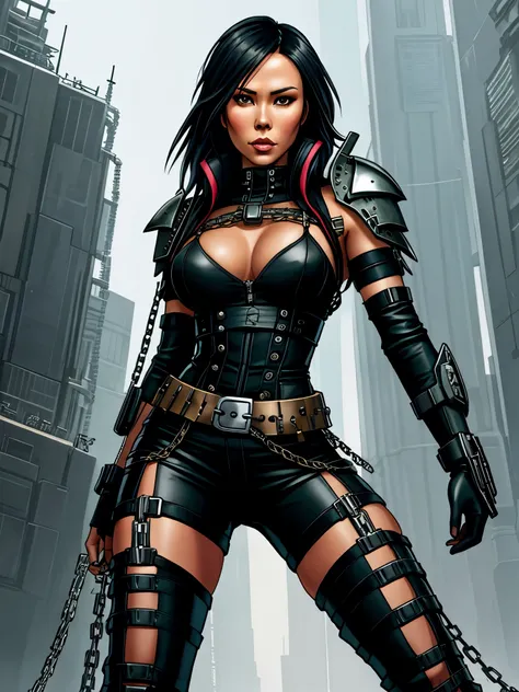 Lexa Doig, ((chainpunk)), belts and straps, chains, ((chaincore)), sleek futuristic outfit
