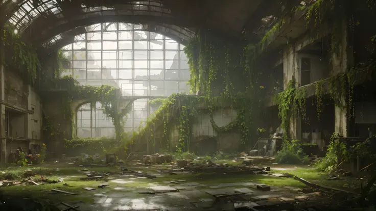 Edificio arafed con muchas plantas creciendo en las paredes., Arte conceptual ambiental, inspired by senior arte ambientalist, digital concept art of dystopian, Interior of the post-apocalyptic palace, arte conceptual de renderizado de motor irreal, arte c...