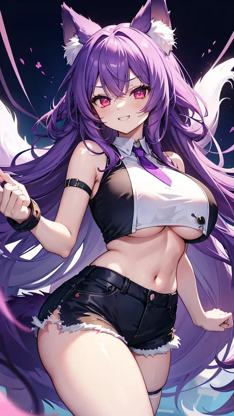 Fox Girl, Large Breasts, Voluminous purple hair, masterpiece , Red eyes, hd, Thick thighs, Head to Chest, buried in my chest、Underboob、Double teeth、tooth、Sleeveless shirt、Shorts、Chubby、Grinning、Use your claws