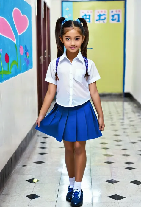  Beautiful yong girl her hair is black in colour her eyes are brown in colour has a ponytail lips are pink in colour reads in class 6 short in height white colour shirt and wering a skirt that is blue in colour nedium sized  black shoe her body in not so f...