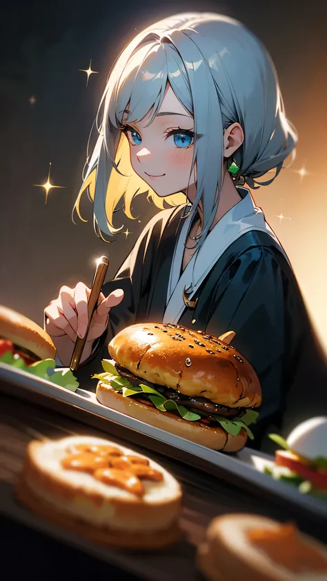 16-year-old girl、Anime style painting、Upper body close-up、smile、From the side, impression, (Oil), Green and orange tones、Silver Hair, (Sparkling blue eyes)、Eat hamburger steak、Delicate contours、Background blur, The depth of the drawn boundaries