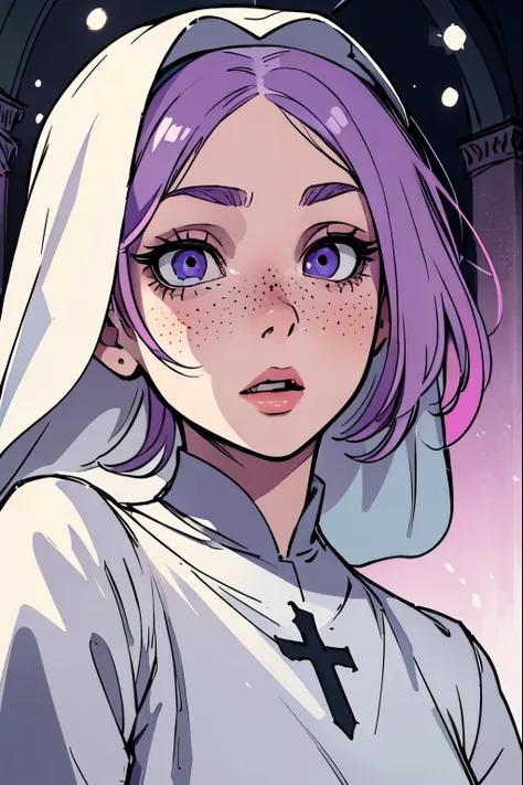 
Masterpiece, best quality, young, shocked expression, portrait, nun, face like she just heard something crazy, snow white skin, hand in front of  mouth, shocked expression, wide-eyed, pink full lips, nun habit, freckles, lavender hair, church setting,