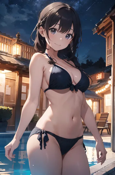 High resolution、A young girl with silver hair drawn in the style of Japanese anime、A scene of a person riding a swim ring at an empty resort night pool。She is wearing a glamour bikini、Holding a cocktail in hand。The pool is beautifully lit、The surroundings ...