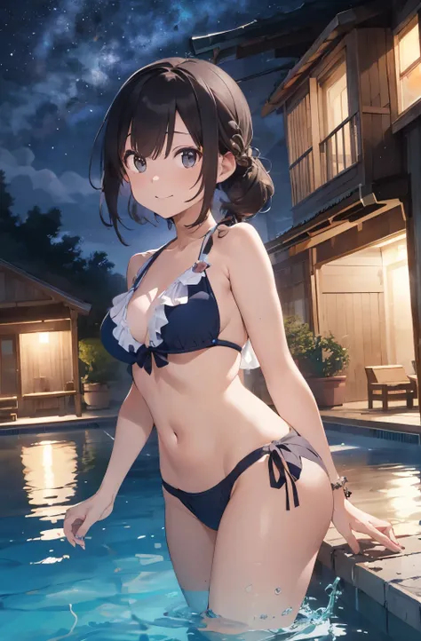 High resolution、A young girl with silver hair drawn in the style of Japanese anime、A scene of a person riding a swim ring at an empty resort night pool。She is wearing a glamour bikini、Holding a cocktail in hand。The pool is beautifully lit、The surroundings ...