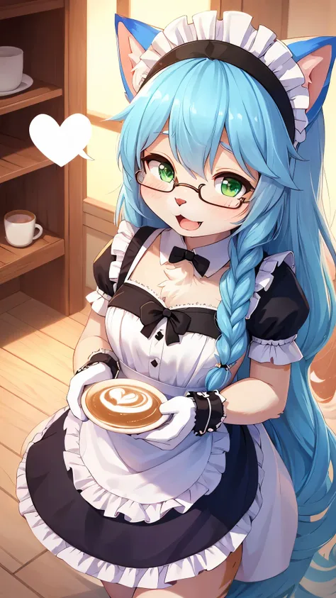 best quality,best resolution,(fluffy anthro furry :1.6),(young :1.6),cat girl,small breasts,light blue hair,long hair,wavy hair,curvy hair,green eyes,glistering eyes,sparkle eyes,huge circle glasses,maid outfit,maid headdress,maid gloves,ruffles,beautiful ...