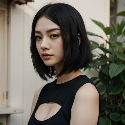 Pretty girl, pale skin, Asian appearance, plump lips, , with black bob, in a black top 