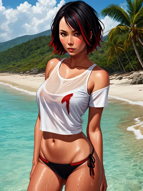 Lexa Doig, short bobcut black hair with red streaks, wet tshirt contest, tshirt, thong, standing, beach
