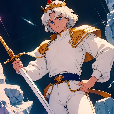 best quality, masterpiece, 1boy, light smile, looking at the viewer, medieval fringe, blond white hair, flat chested, floating colorful water, a white princely suit with blue pants, holding a sword with a red heart in the middle in his left hand, wearing a...