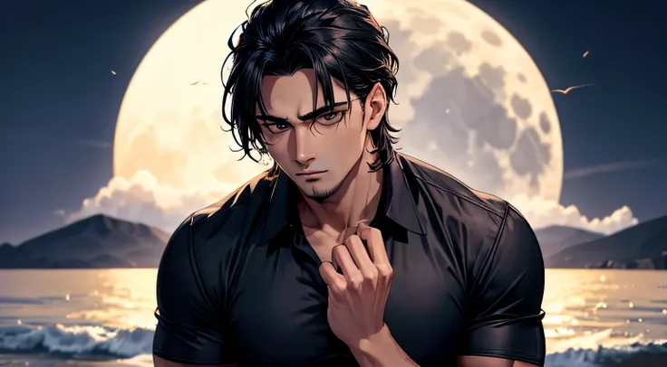 midnight　coastal　full moon　male　Black shirt　Detailed facial expression depiction　Detailed depiction of clothing　