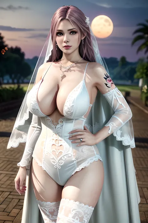 1 girl,lean over WINK,((  Wedding Dress, see-through)), outdoor,elegant,nighttime,moonlighe,shiny skin,( huge breasts:1.1), lip gloss,( tattoos:1.3), masterpiece, best quality, realistic ,Surrealism,natural colors art in 8k,soft shadows,Portrait art,solo, ...