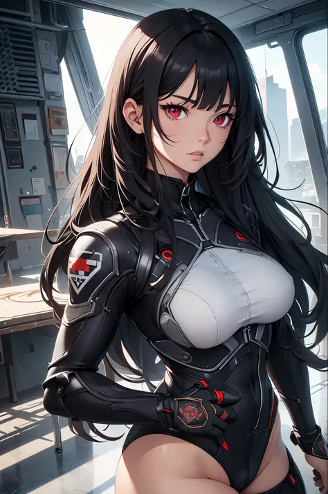 realistic, Beautiful detailed girl, combat suit, clear and beautiful, Personage as the main perspective, shiny_skin, girl,woman,female, young,19 years old, (long hair), bangs, black hair, (beautiful detailed Glass hair), long hair,beautiful detailed cold f...