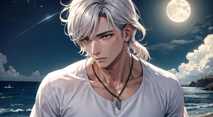 midnight　coastal　full moon　male　White shirt　Detailed facial expression depiction　Detailed depiction of clothing　