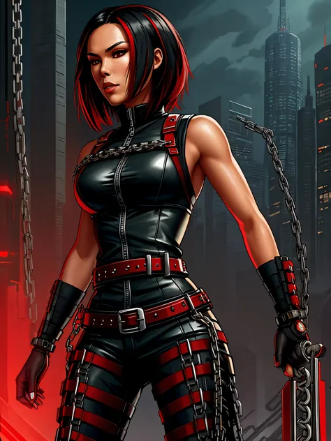 Lexa Doig, short bobcut black hair with red streaks, ((chainpunk)), belts and straps, chains, ((chaincore)), sleek futuristic outfit
