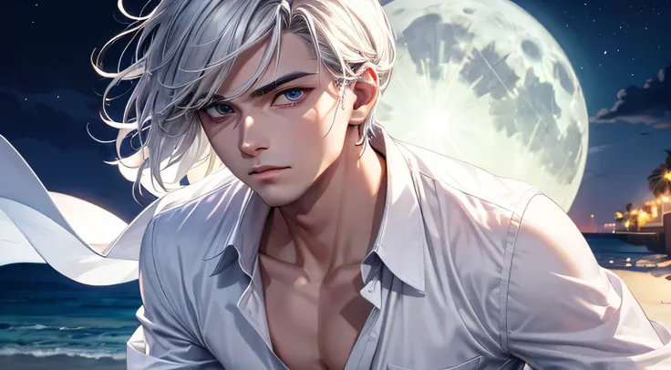 midnight　coastal　full moon　male　White shirt　Detailed facial expression depiction　Detailed depiction of clothing　Detailed eye depiction