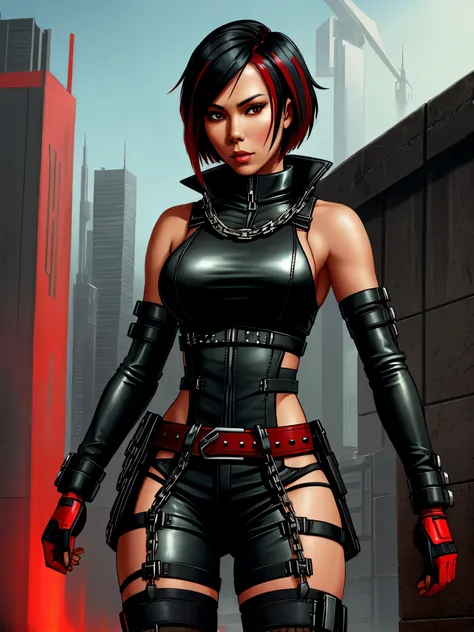 Lexa Doig, short bobcut black hair with red streaks, ((chainpunk)), belts and straps, chains, ((chaincore)), sleek futuristic outfit
