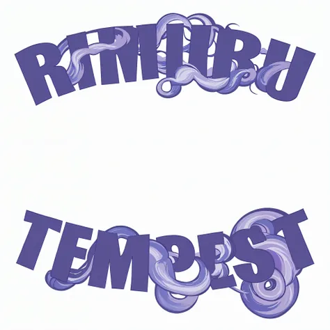 there is a illustration of a word that says rimuru tempest, the tempest word, the rimuru word, rimuru text at the top, tempest text at the bottom, tempestuous, emptiness, anime style, some purple smoke, purple clouds, purple smoke and auras, multiple gradi...