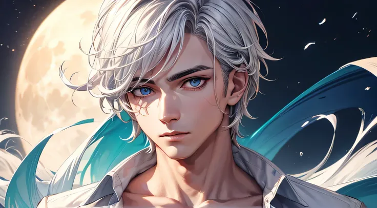 midnight　coastal　full moon　male　White shirt　Detailed facial expression depiction　Detailed depiction of clothing　Detailed eye depiction　Detailed hair depiction