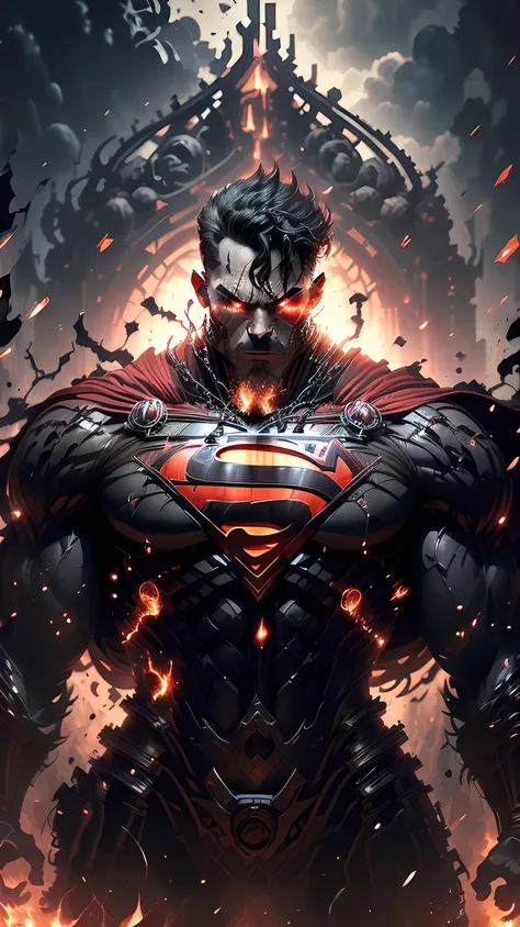 Super Powerful), (Handsome and Menacing Face: 1.2), Evil Superman, with horns on the forehead, surrounded by fire, on a dark night with a full moon and low light, (Extremely Detailed CG: 1.3), Depth of Field, Cinematic Lighting, Lens Flare, (Dramatic Atmos...