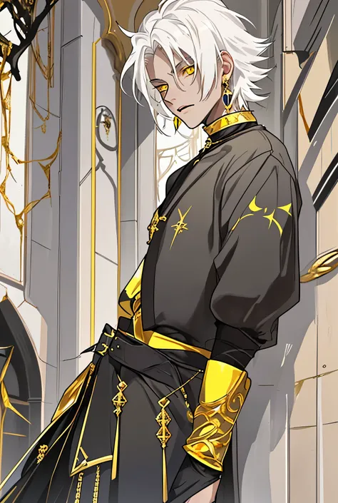 young man of 17 years old white hair yellow eyes black clothes with yellow gold jewelry is speaking suspiciously