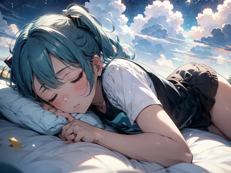 a girl, teal hair, ponytail on both sides, cyan eyes, (character hatsune miku), permanent, ((sleeping in cloud)), sleeping on pi...