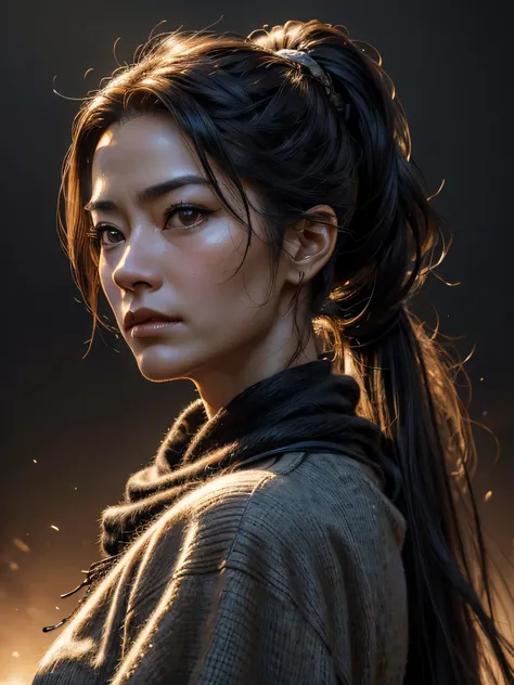 A photorealistic portrait of a young Michelle Yeoh, looking directly at the viewer, wide jaw, strong chin, closeup, close-up, with light makeup, Extremely detailed eyes, black hair tied in a ponytail, hair framing face, serious expression, one eyebrow rais...