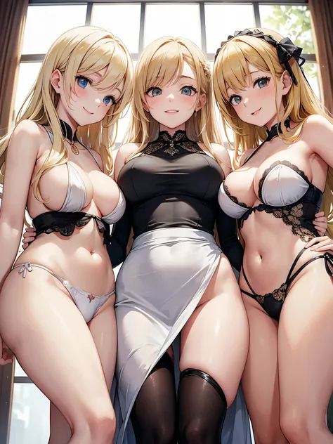 three sexy mothers who are lovers of 4 years old blonde boy, seductive smiles, view from below