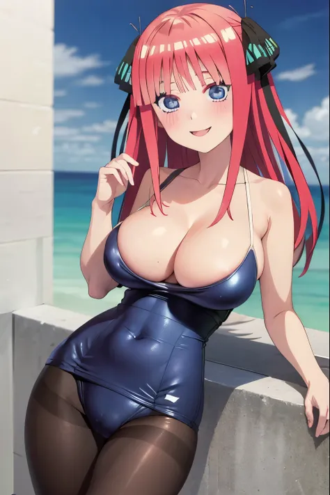 best quality, ultra-detailed masterpiece, anime art style, cute characters, nino nakano, one-piece swimsuit, large breasts, pantyhose, blush, smile