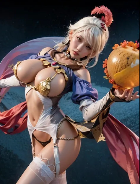 Masterpiece, extra detailed, pretty girl, busty slim firm body, white hair, orb, white skin